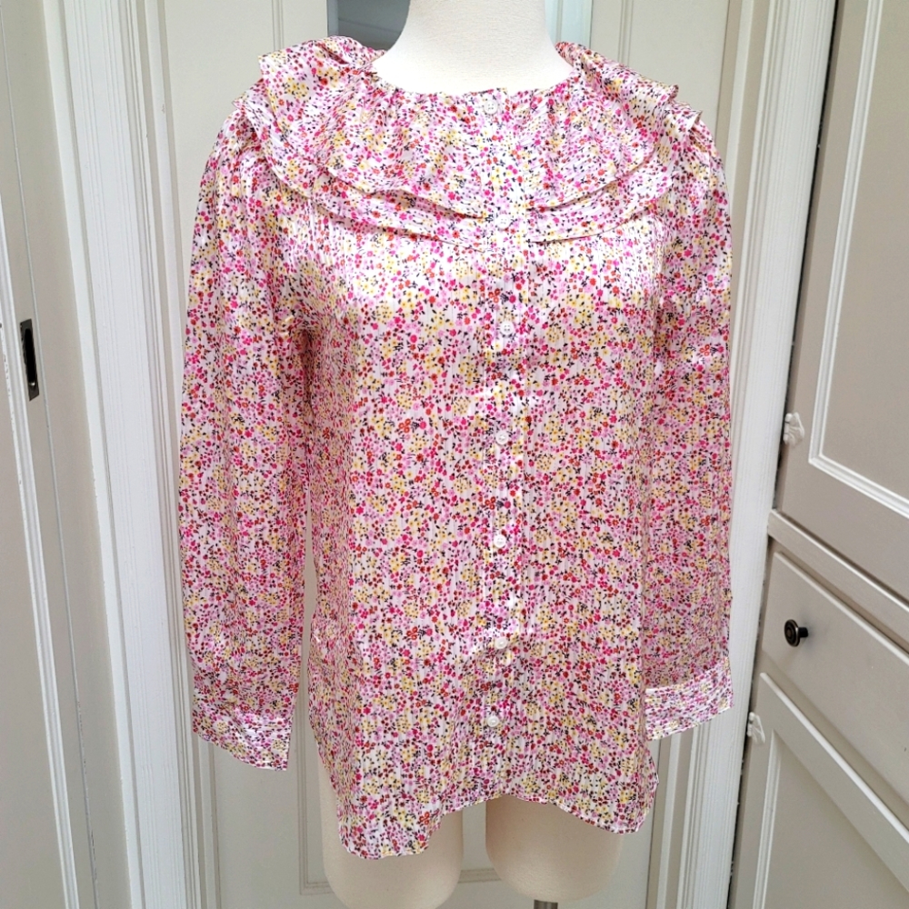 New! J Crew sz Large L Ruffle Top Blouse Floral Field Day Ivory Pink NWT